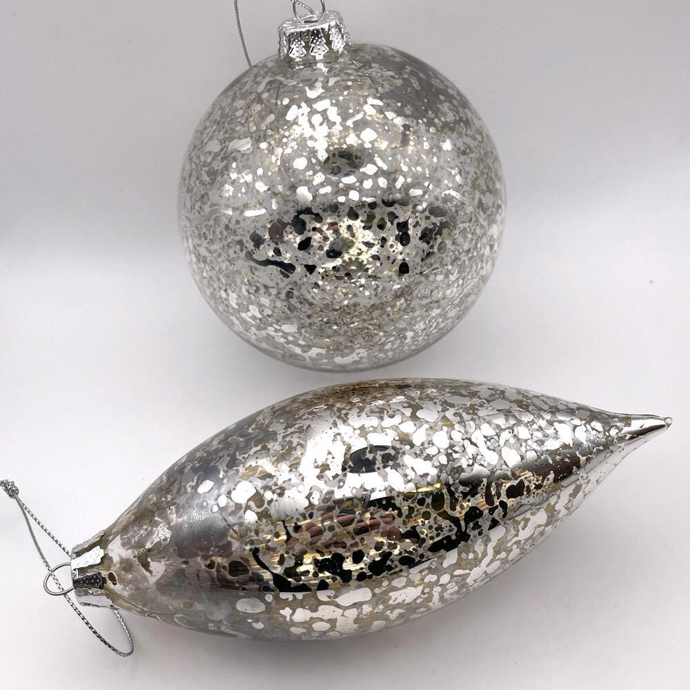 Large Speckled Silver Glass Teardrop Christmas Ornaments LOT of‎ 2